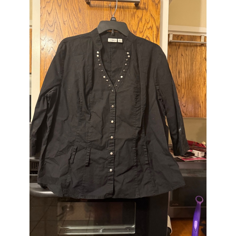 Cato Womens XL Black Button Down Top Studded Star Neck 3/4‎ Sleeve Blouse